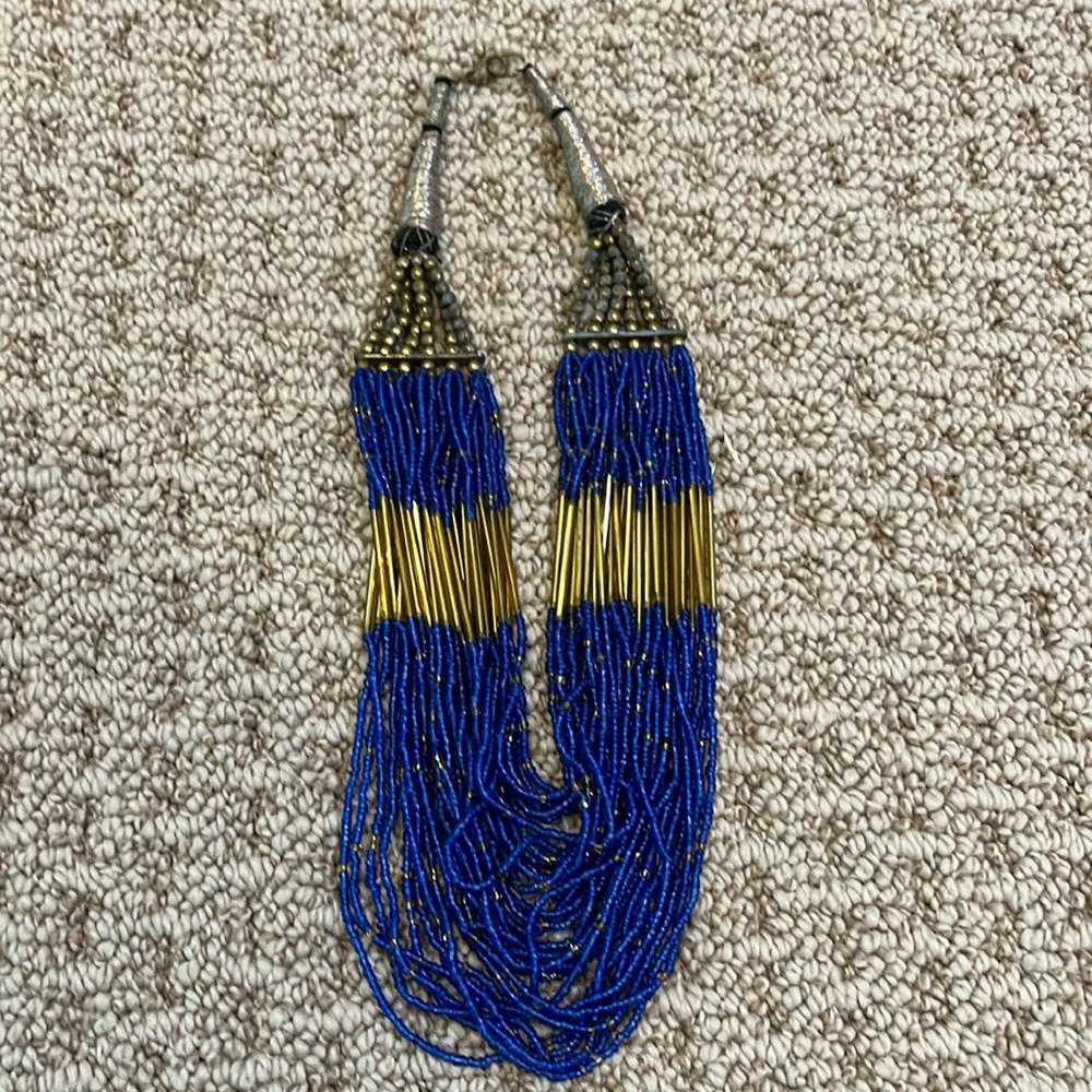 Blue and gold beaded necklace